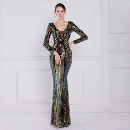 Positioning Floral Sequin Evening Dress Women Banquet Elegant Long Sleeve Sequined Queen Fishtail Dress