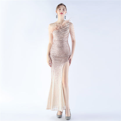 Gradient Sequin Craft Beaded Ostrich Feather Diagonal Collar One Shoulder Long Evening Dress