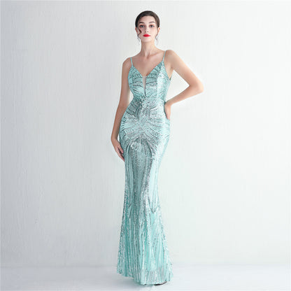 Positioning Floral Suspender Party Sequined Dress Long Banquet Slim Fit Evening Dress Elegant