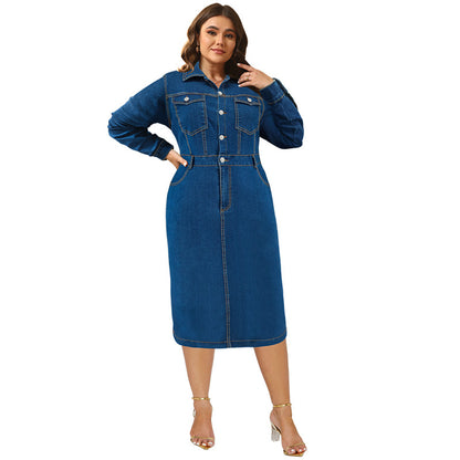 Plus Size Women Clothing Denim Collared Long Sleeve Button Mid Length Dress