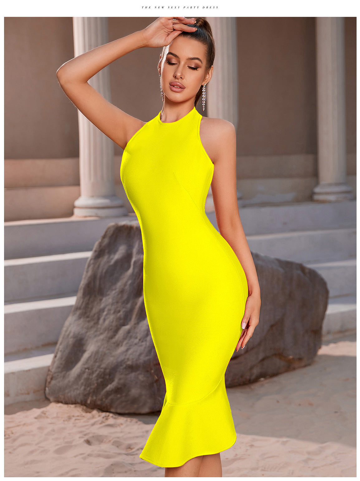 Vestido de verano sexy de una pieza con espalda descubierta, sin mangas, con volantes y vendaje, vestido amarillo para fiesta de cumpleaños de alta sociedad