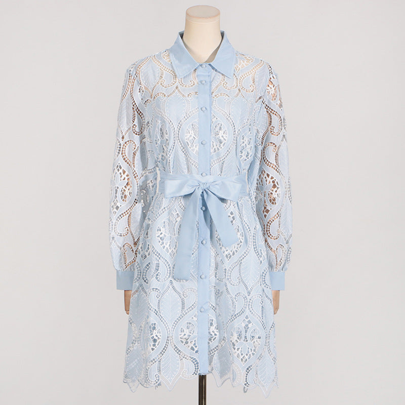 Robe d'été brodée pour femmes, col Polo, manches longues, taille à lacets, asymétrique irrégulière