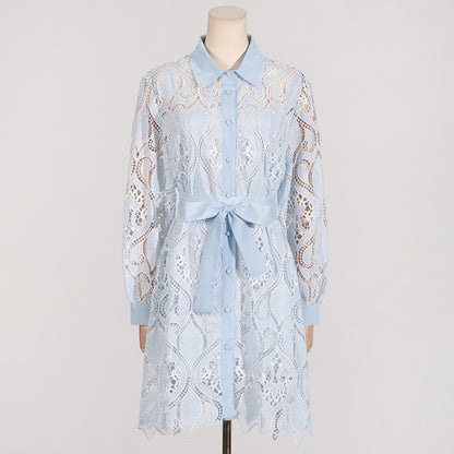 Robe d'été brodée pour femmes, col Polo, manches longues, taille à lacets, asymétrique irrégulière