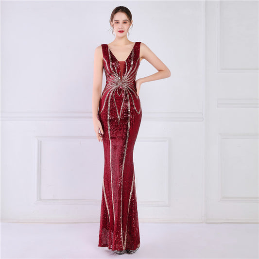 Positioning Floral Sequin Cocktail Elegant Long Sleeveless Sequined Aura Queen Fishtail Dress Slimming Fishtail Dress