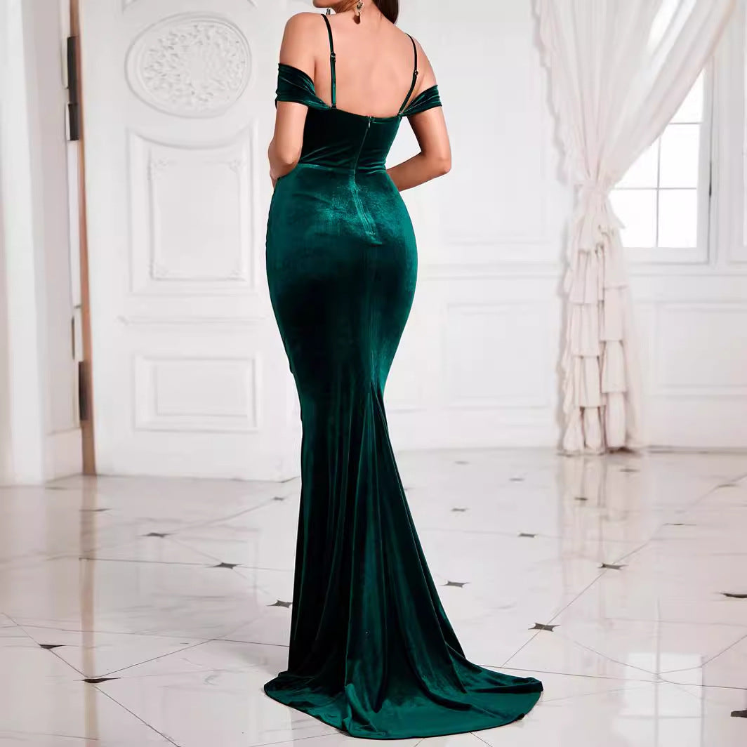 Vestido verde sexy con hombros descubiertos y espalda descubierta para mujer