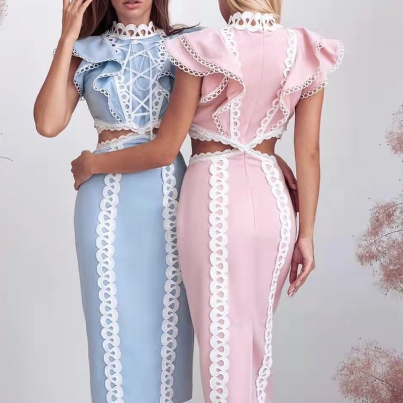 Robe longue élégante et sexy à volants de couleur unie pour femmes, coutures ajourées et découpées