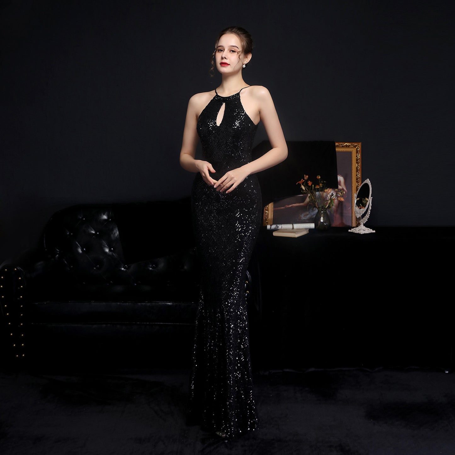 Cocktail Elegant Long Halter Set Diamond Sequined Aura Queen Fishtail Evening Dress