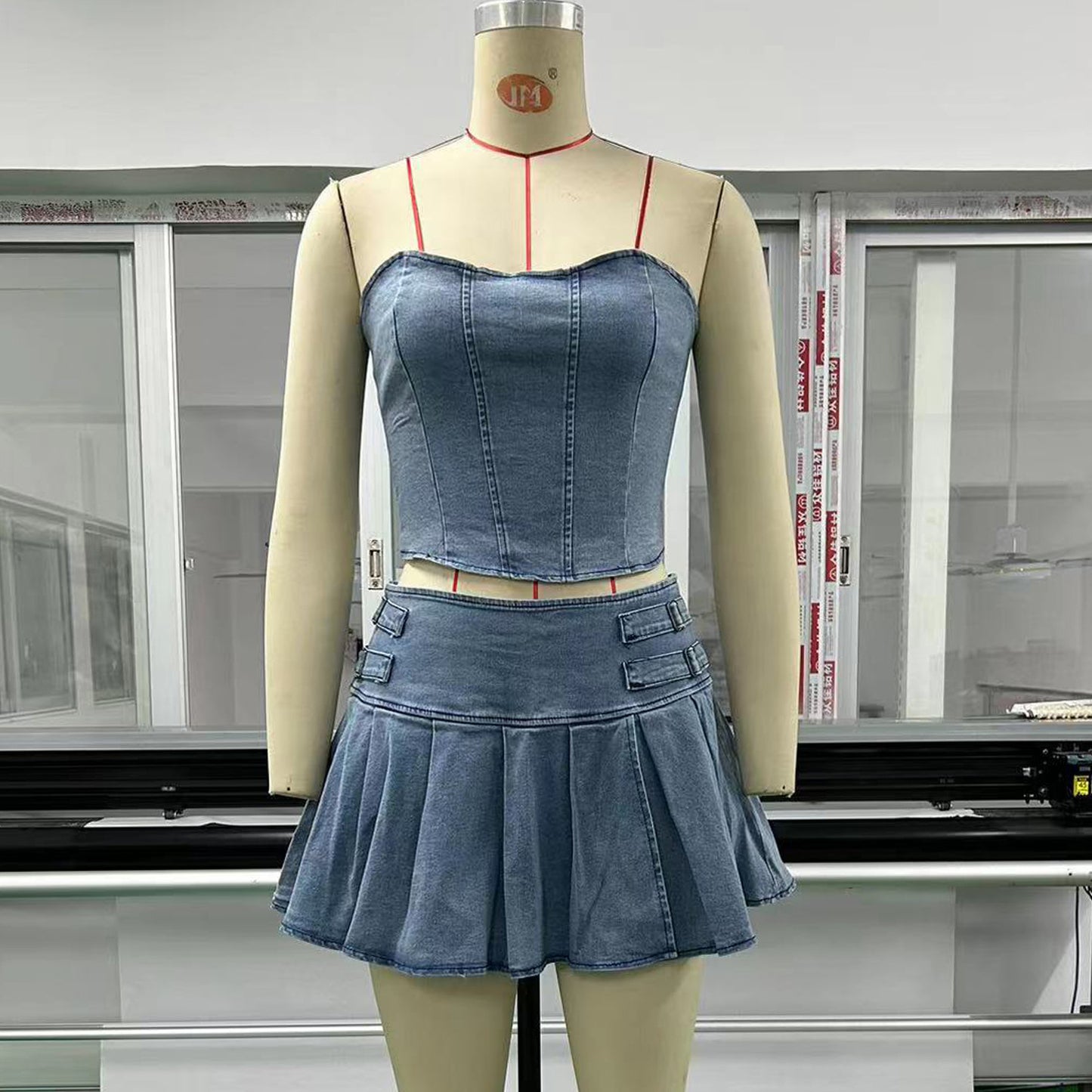 Costume d'été en Denim sans manches, haut tubulaire, Sexy, nu, taille haute, jupe fendue