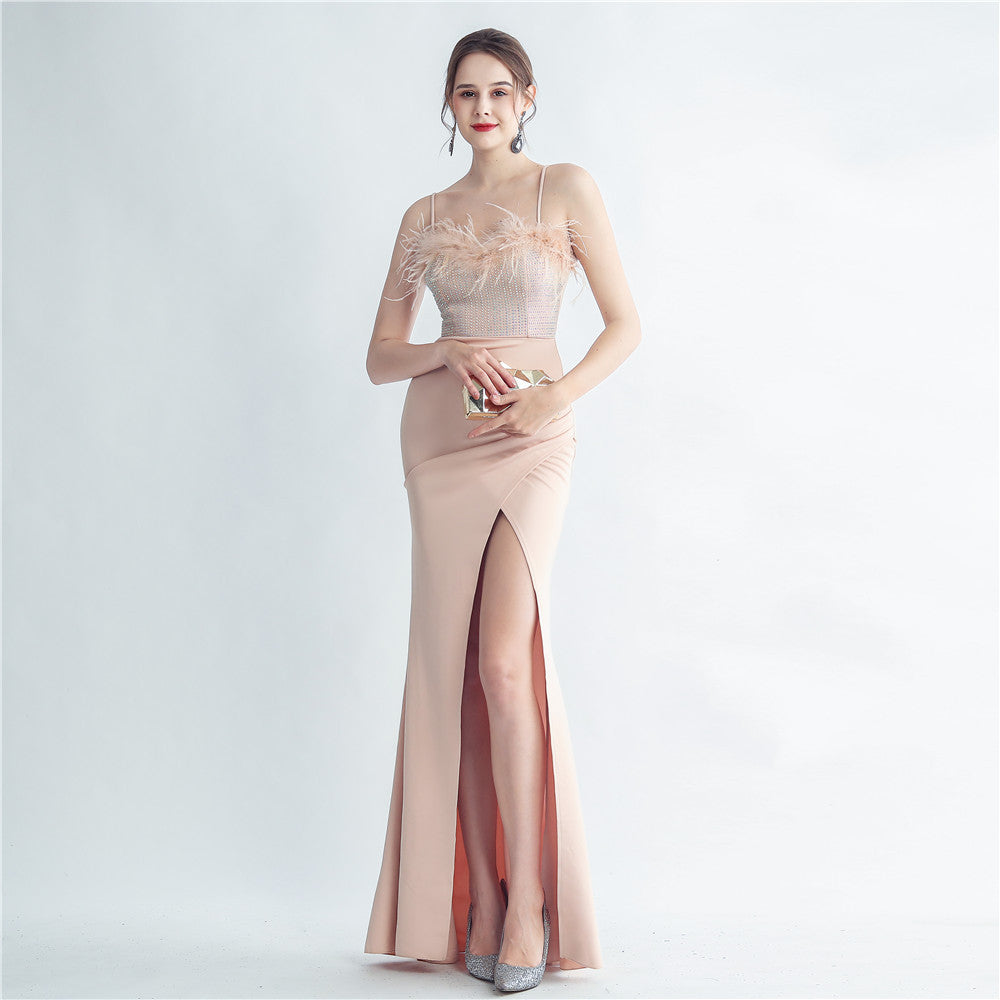 Craft Order Ostrich Feather Drilling Sling Side Slit High End Evening Dress