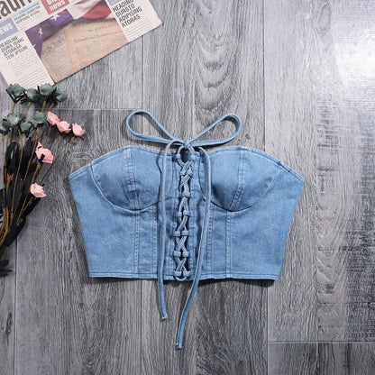 Sexy croisé à lacets Denim dos vêtements chauds bustier tubulaire femmes décontracté corps façonnage gilet court fermeture éclair enveloppé poitrine