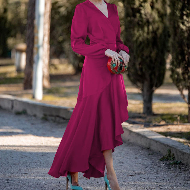 Ropa de mujer de otoño elegante vestido con volantes y cuello en V de manga larga