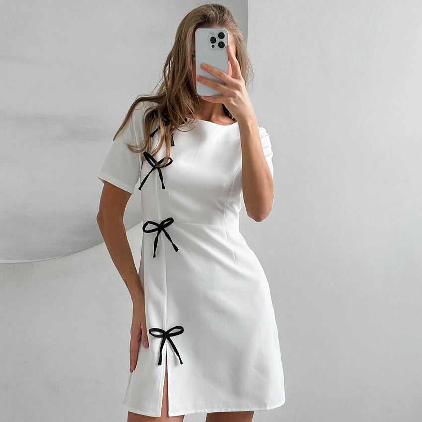 Round Neck Contrast Color Bow Casual Dress Autumn Short for Women