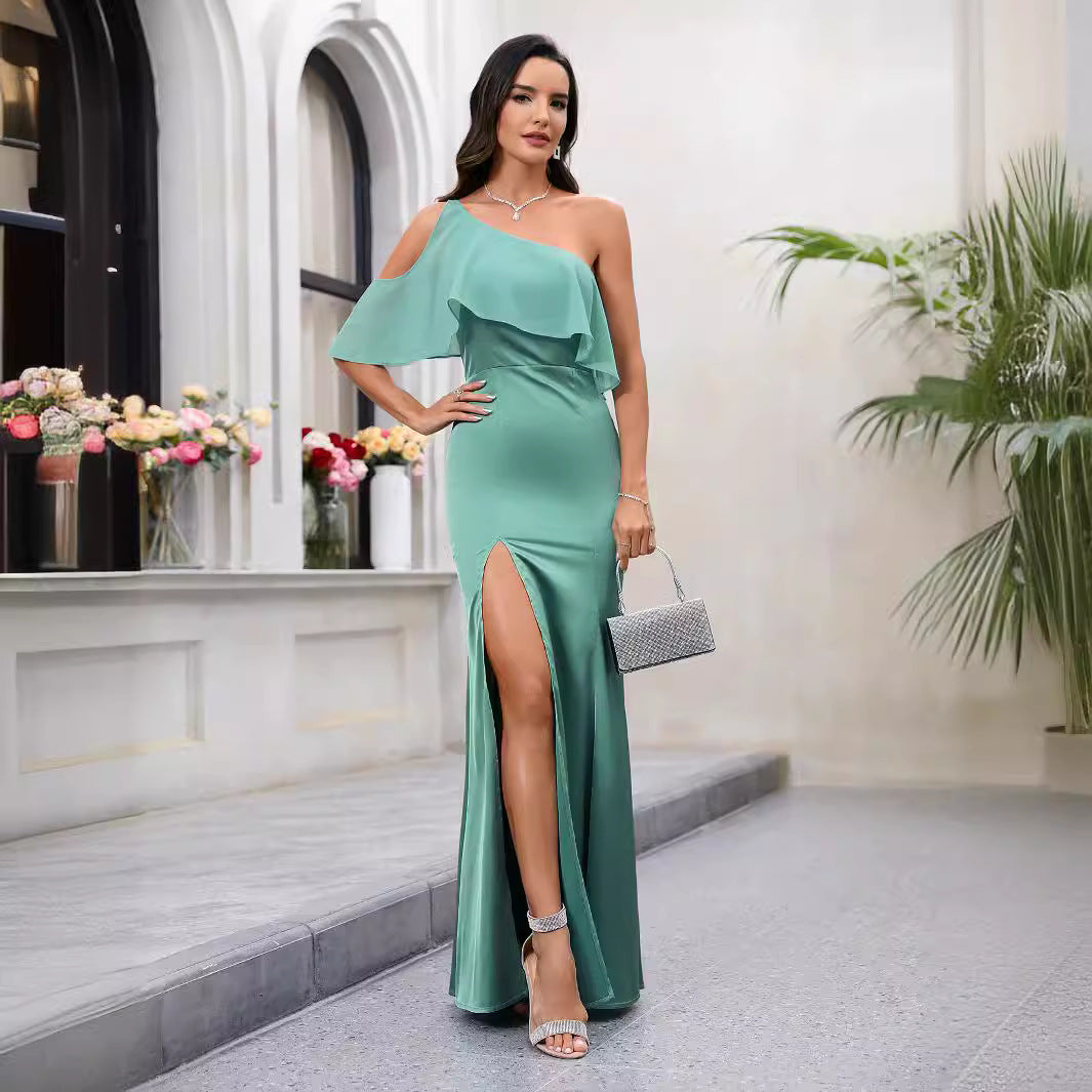 Vestido elegante ajustado con escote en diagonal y hombros descubiertos para mujer, color liso, con abertura alta y cintura alta