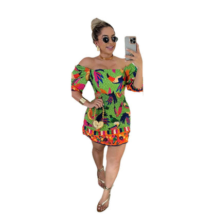 Printed Waist Controlled Backless Lantern Sleeve Smocking Off Shoulder Two Way Wear Dress