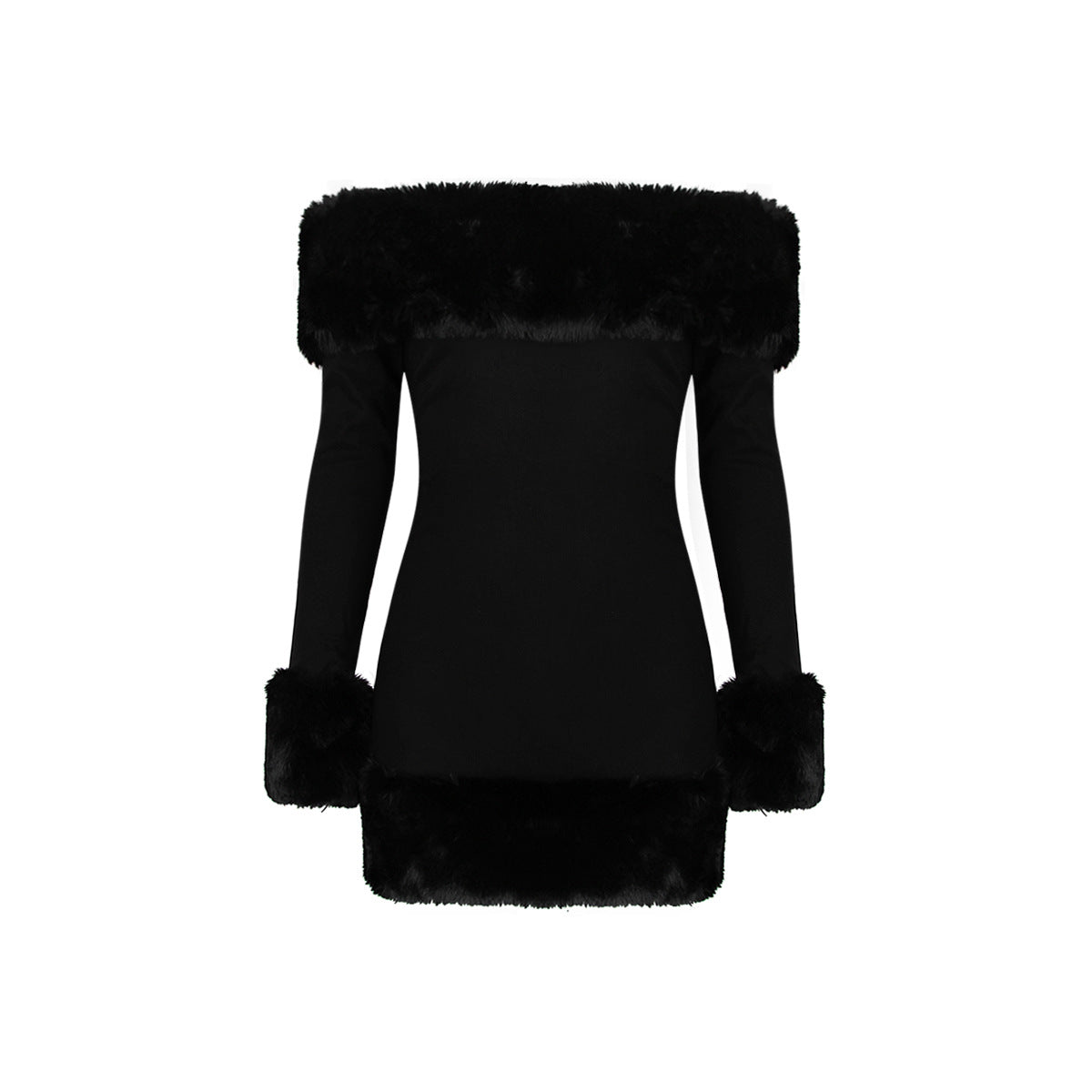 Vestido negro de felpa de manga larga con hombros descubiertos Otoño Invierno mujer piel espalda descubierta Sexy cadera