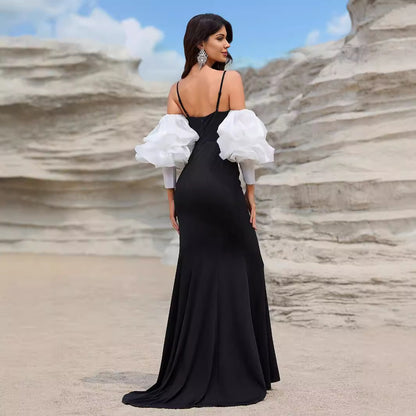 Ladies Ball Gown Sling Stitching Glossy Lantern Sleeve Sexy Elegant Fishtail Evening Gown