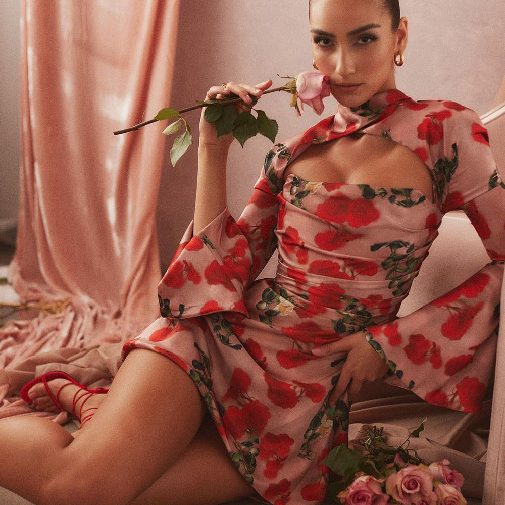 Robe d'été à imprimé floral, coupe ajustée, sexy, dos nu, ajourée, de haute qualité, pour femme