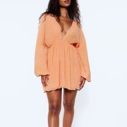 Robe d'été décontractée pour femmes, ample, manches longues, décolleté en V profond, robe courte Sexy