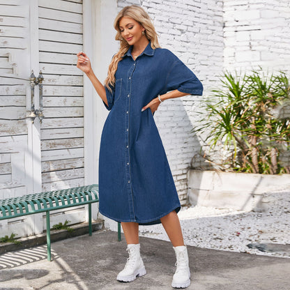 Robe en jean décontractée lavée pour femmes, vêtements à manches courtes