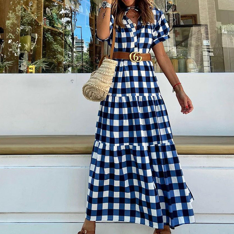 Vestido de verano de cuadros de largo medio, estilo bohemio, con mangas cortas y cuello alto