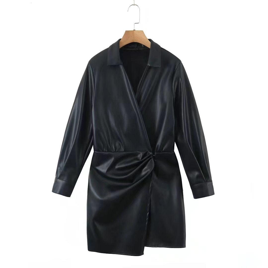 Robe courte en Faux cuir pour femme, vêtements pour début d'hiver, col Polo, couleur unie, taille plissée, manches longues