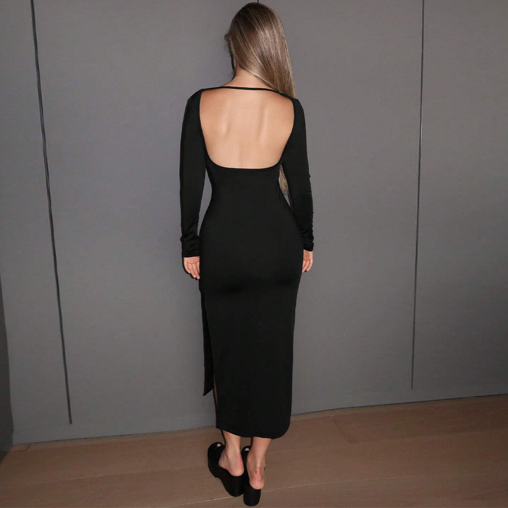 Women Clothing Autumn Winter High Elastic Sexy Backless Slit Hip Wrapped Elegant Party Dress