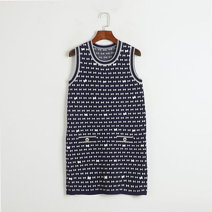 Women Dress Summer Classic Bow Jacquard round Neck Sleeveless Knitted Vest Dress