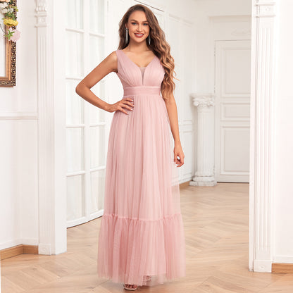 Women Elegant Double V neck Sleeveless Tulle Full Lining Evening Dress A line Puffy Tulle Wedding Bridesmaid Party