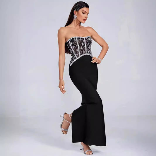 Star haut de gamme tricoté noir bustier tubulaire diamant robe de soirée conception d'intérêt spécial robe dos nu à bandes