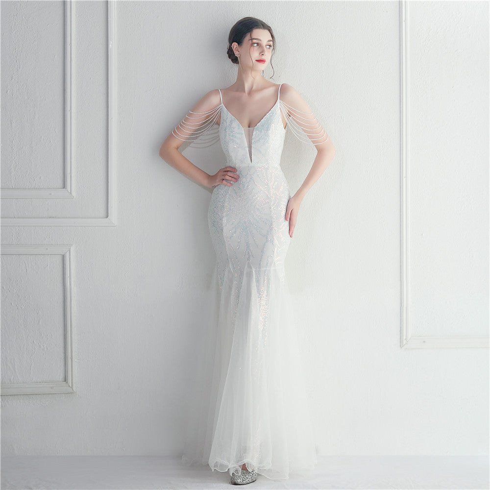 Beaded Bridal Wedding Dinner Long Camisole Evening Dress