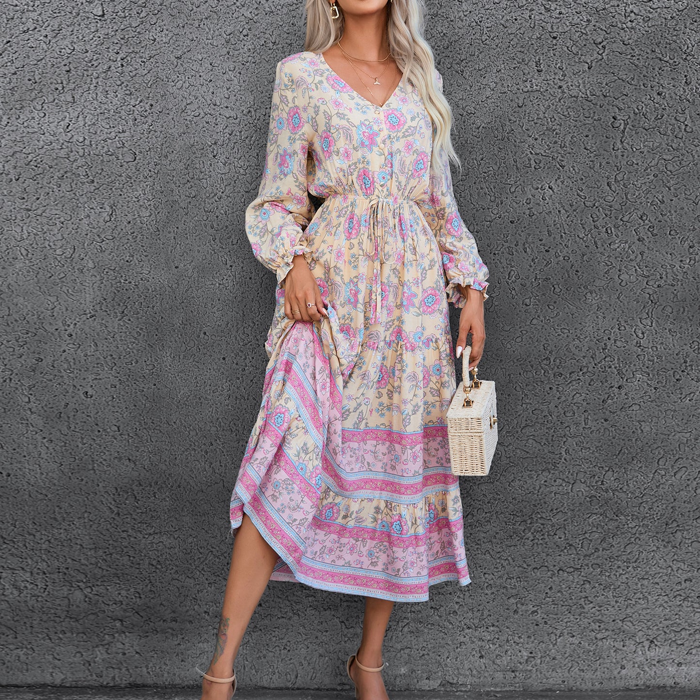 Autumn Winter Bohemian Casual Vacation Long Sleeve Positioning Printing Large Swing Dress