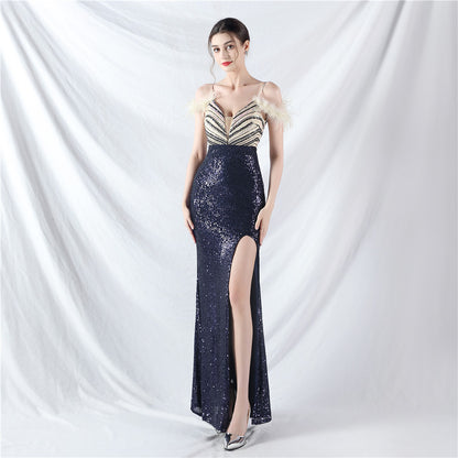 Robe de soirée sexy longue sans manches à paillettes en plumes d'autruche pour femme