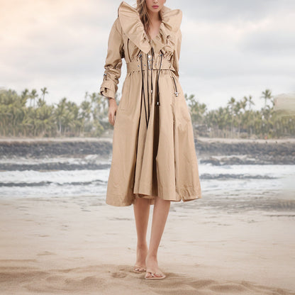 Trench-coat long décontracté à cordon de serrage pour femme, col en V, taille à volants, amincissant, coréen, printemps