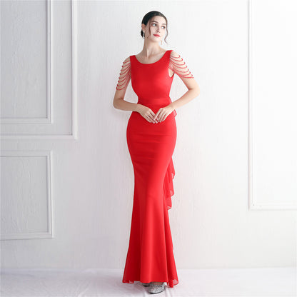 Chiffon Satin Cloth Craft Beaded Long Cocktail Slim Fit Evening Dress Elegant Long Annual Meeting Host