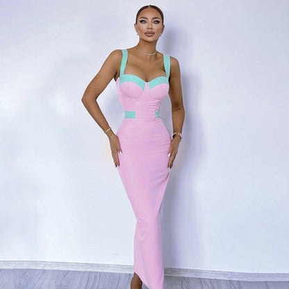 Pink with Green Long Bandage Dress Autumn Sexy Slim Fit Contrast Colors Cami Dress