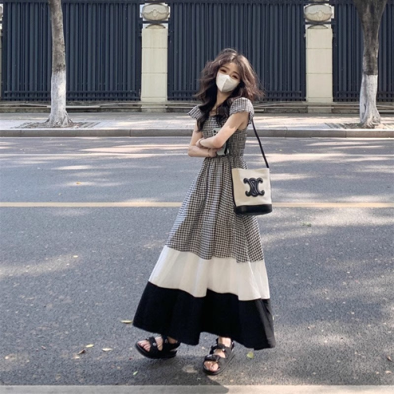 Vestido francés a cuadros de alto grado, vestido adelgazante de línea A ajustado con cintura de verano para mujer