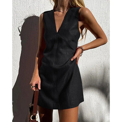 Sexy Sexy V neck Cotton Linen Sleeveless Dress Women Summer Basic Solid Color Slim Vest Short Dress