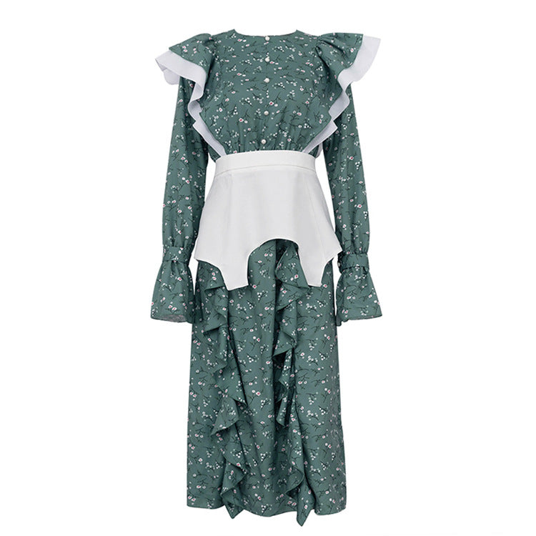 Women Clothing French Design Long Sleeve Dress Detachable Waist Seal Casual Floral Dress