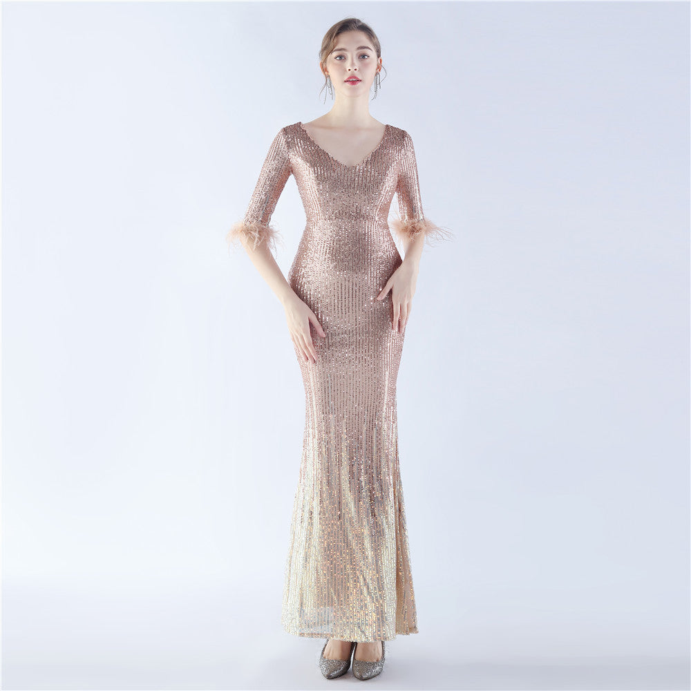 Craft Ostrich Feather Gradient Sequin Half Sleeve High End Evening Dress