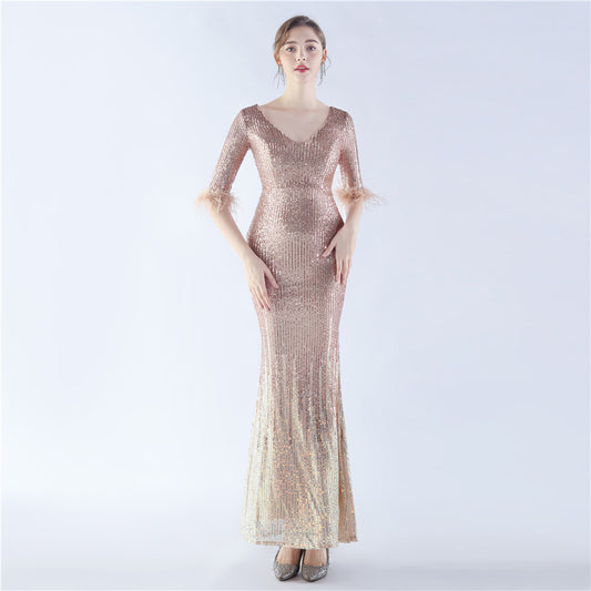 Craft Ostrich Feather Gradient Sequin Half Sleeve High End Evening Dress