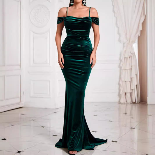 Women Sexy off the Shoulder Backless Green Dress