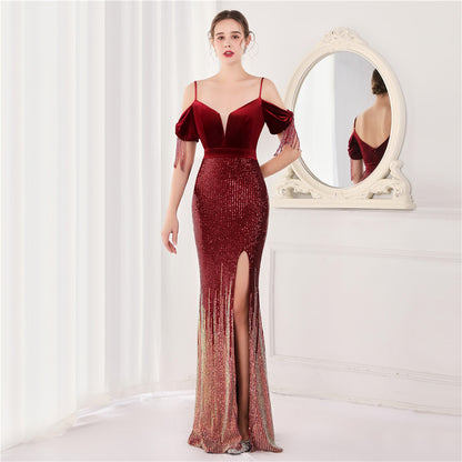 Robe de soirée cocktail à bretelles spaghetti en velours Robe élégante pour réunion annuelle d'entreprise pour femmes Sexy à manches longues et courtes