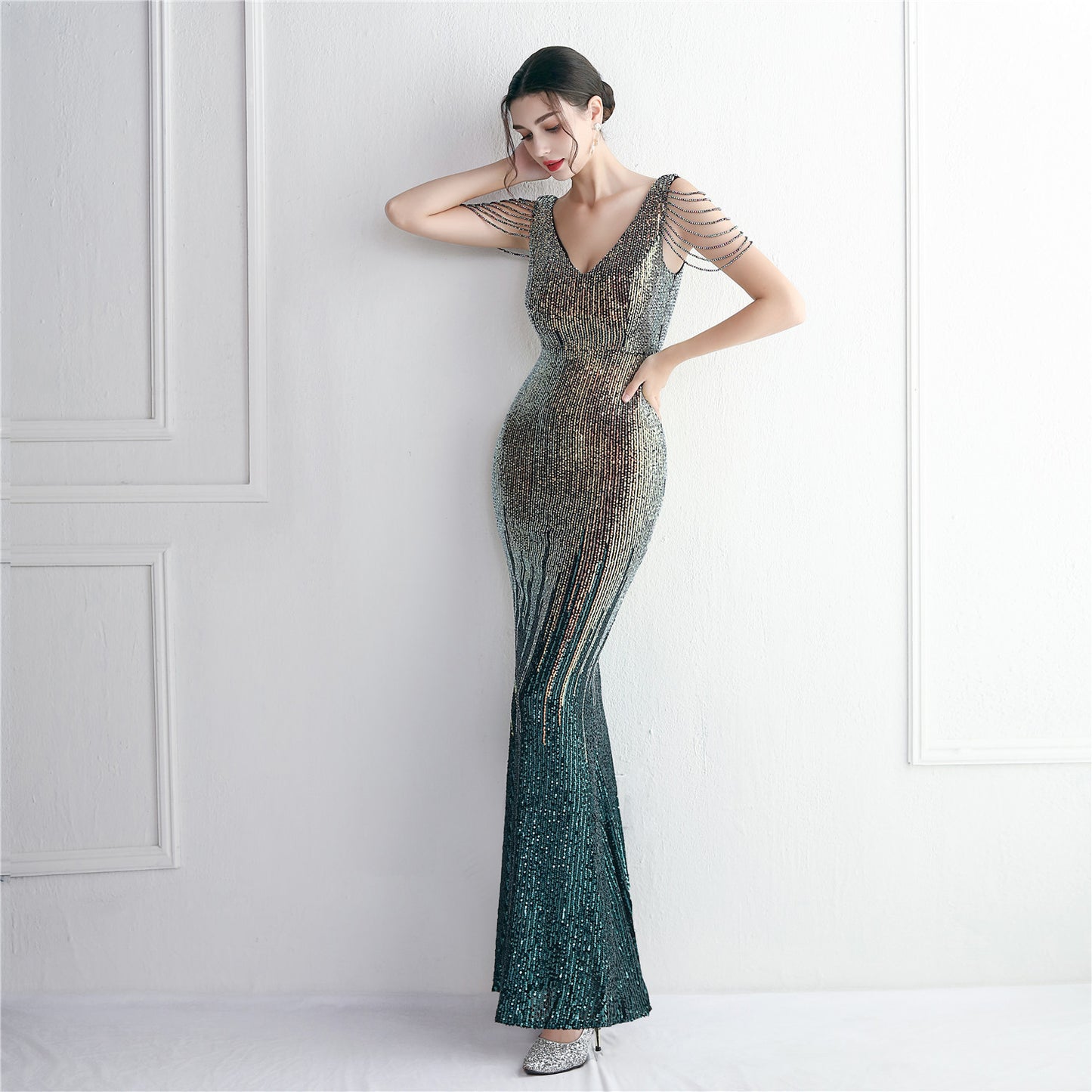 Mixed Color Sequin Craft Beaded Party Dress Long Cocktail Slim Fit Evening Dress Elegant Long