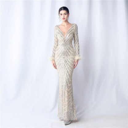 Ostrich Feather Positioning Floral Sequin Long Sleeve High End Evening Dress