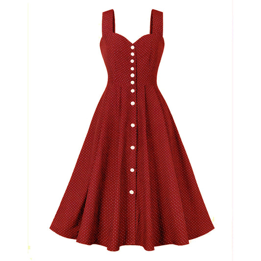 Women Polka Dot Brace Sleeveless Fastener Decoration High Waist Vintage Dress with Pockets