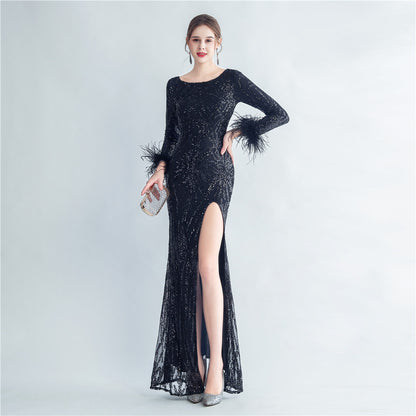 High Density Ostrich Feather Sequin Long Sleeve Fishtail High End Evening Dress