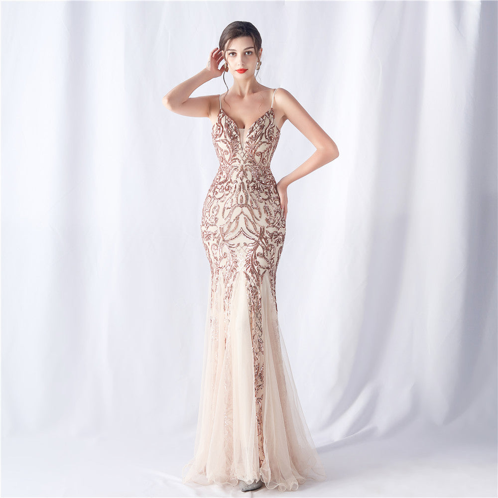 Floral Sequin Mesh High End Evening Dress