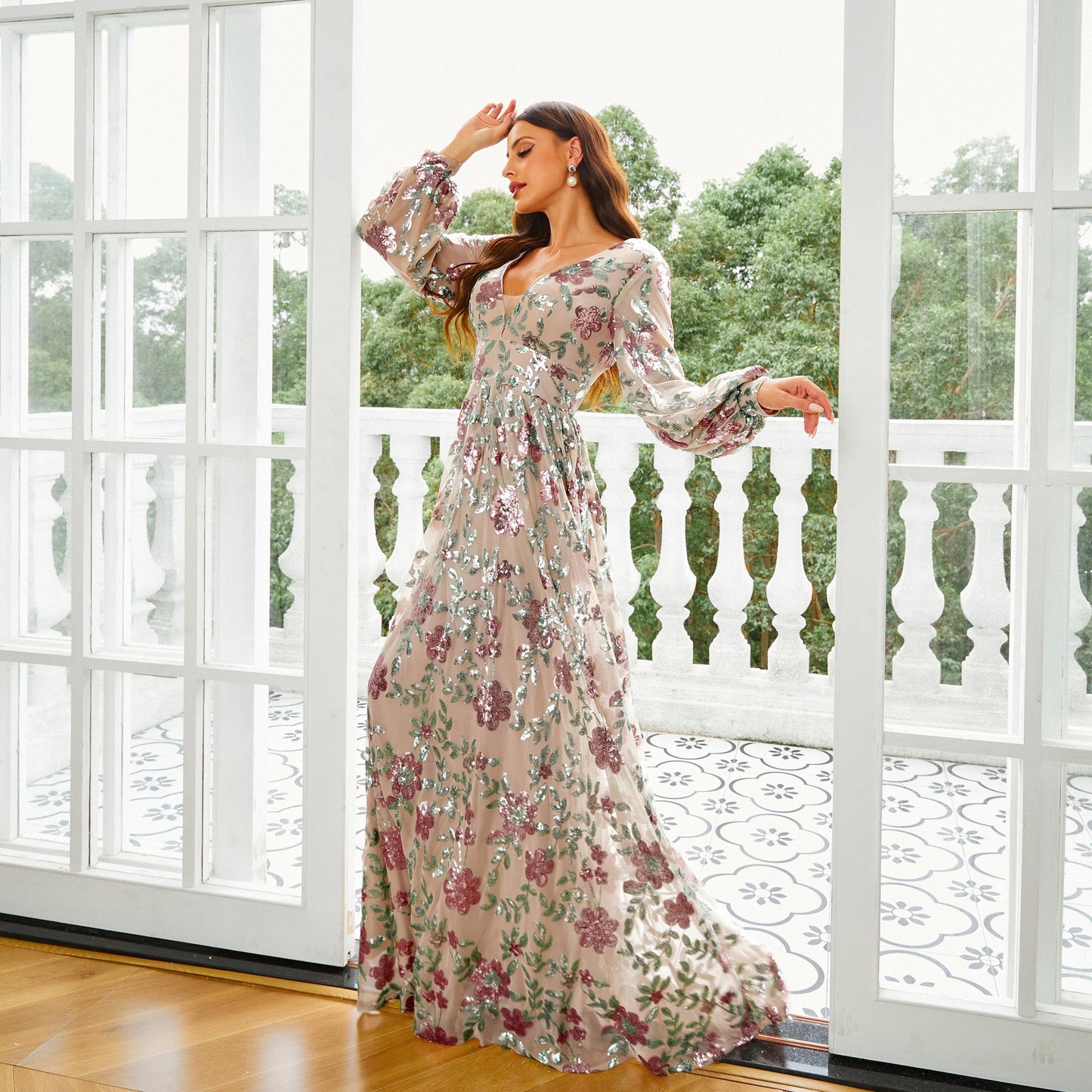 Vestido de noche de cóctel con lentejuelas largas y escote en V de manga larga, vestido de dama de honor para mujer