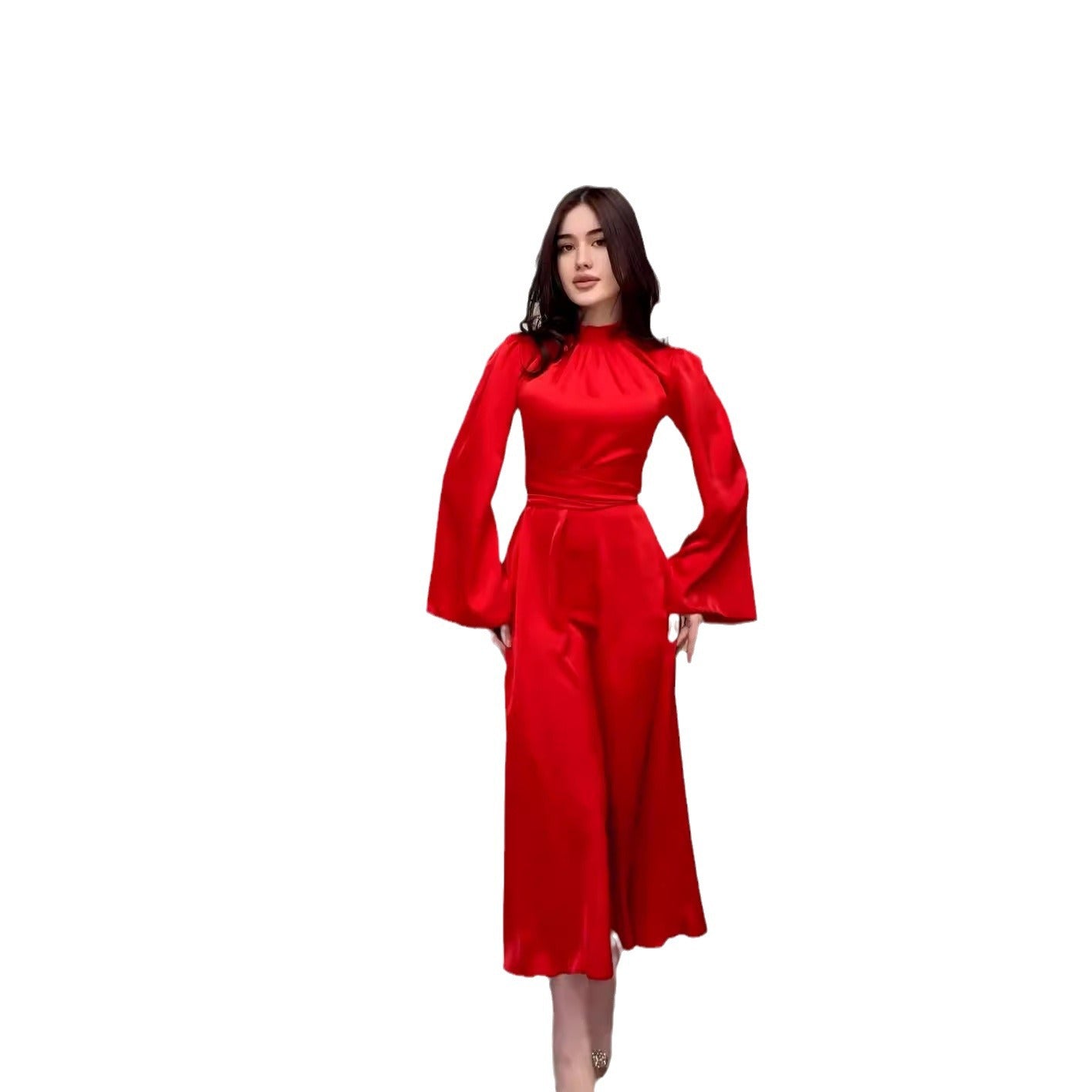 Spring Solid Color Long Sleeve Half Turtleneck Belt Slim Fit Slimming Dress