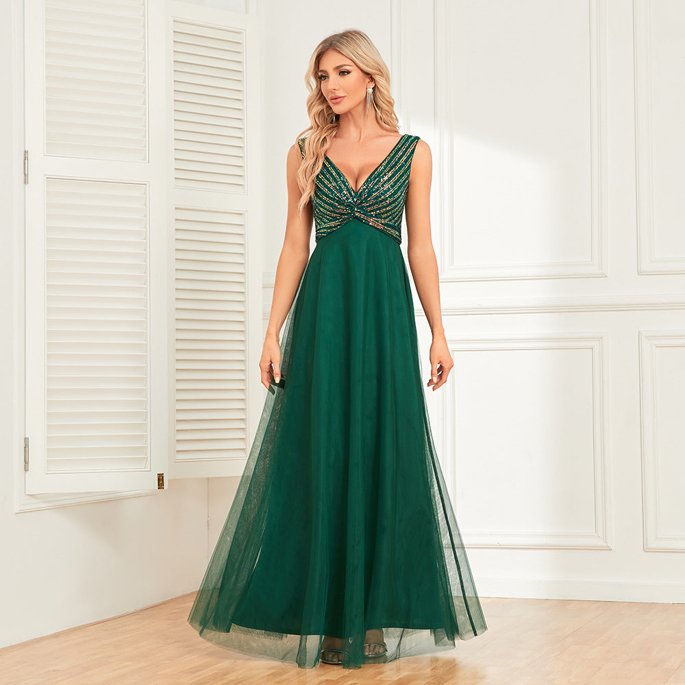 Dark Green Women Double V neck Sleeveless Evening Dress Striped Sequin Stitching Tulle A line Long Elegant Dress